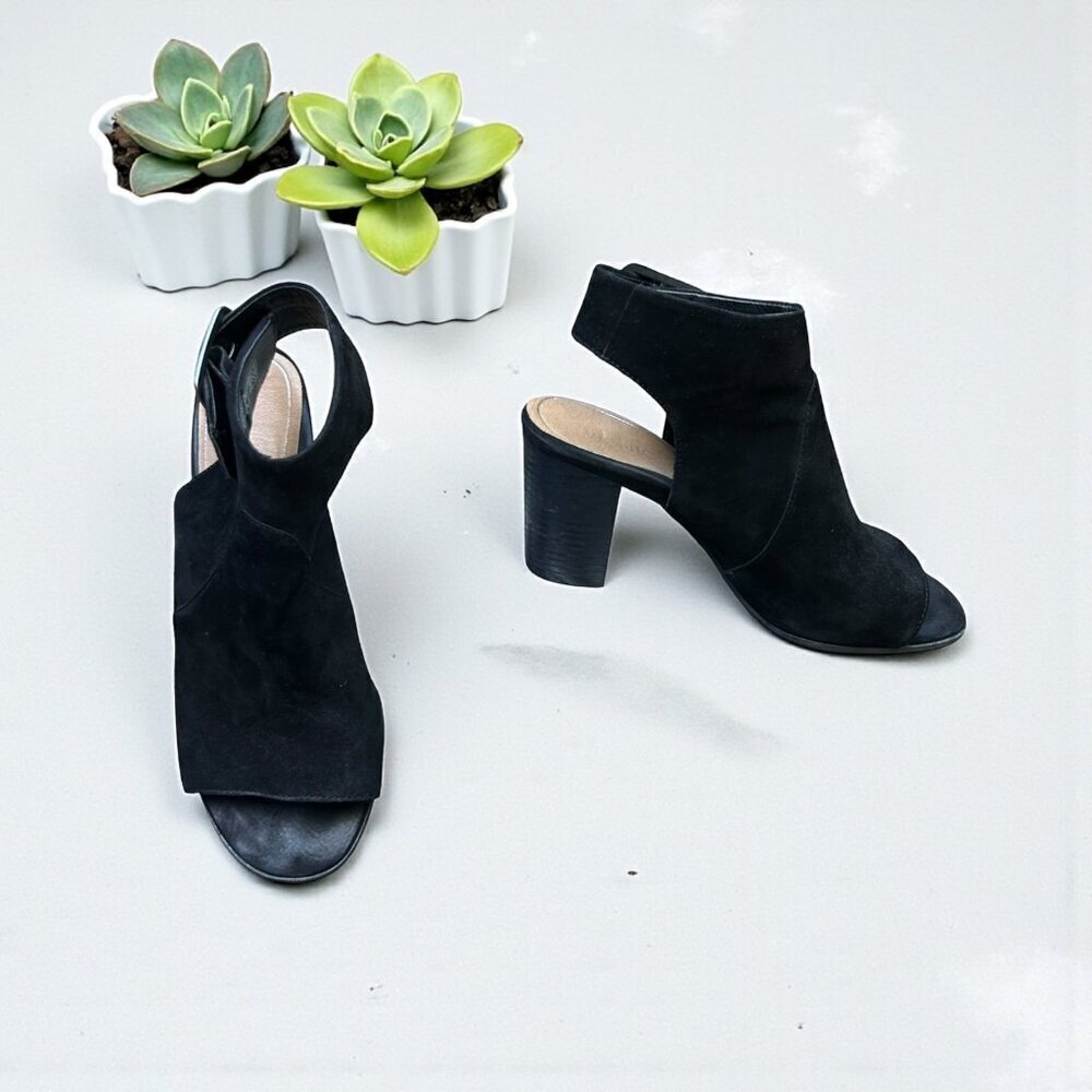 Vionic Perk Blakely Black Suede Peep Toe Orthoheel Booties Sandals Size 7.5